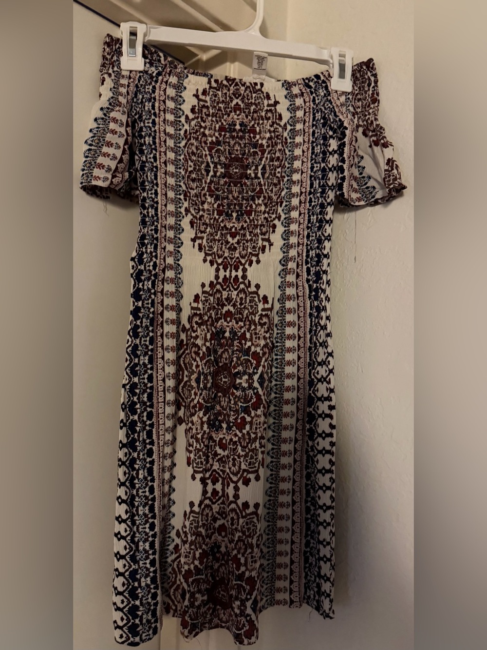 Full Tilt Cream Dress with Navy and Burgundy Pattern